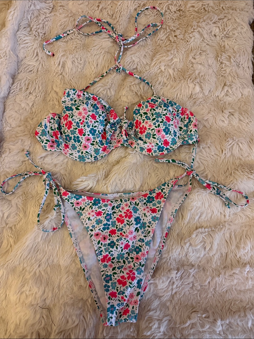 Floral Tie-Side Bikini Set in White, Teal & Pink
